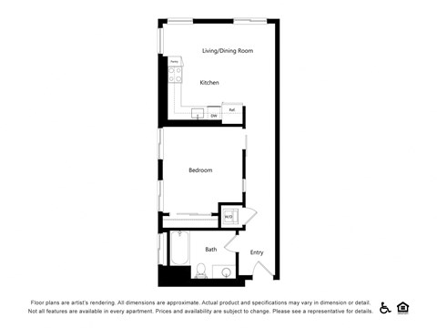 Floor plan for 1 bed, 1 bath, 717 sqft